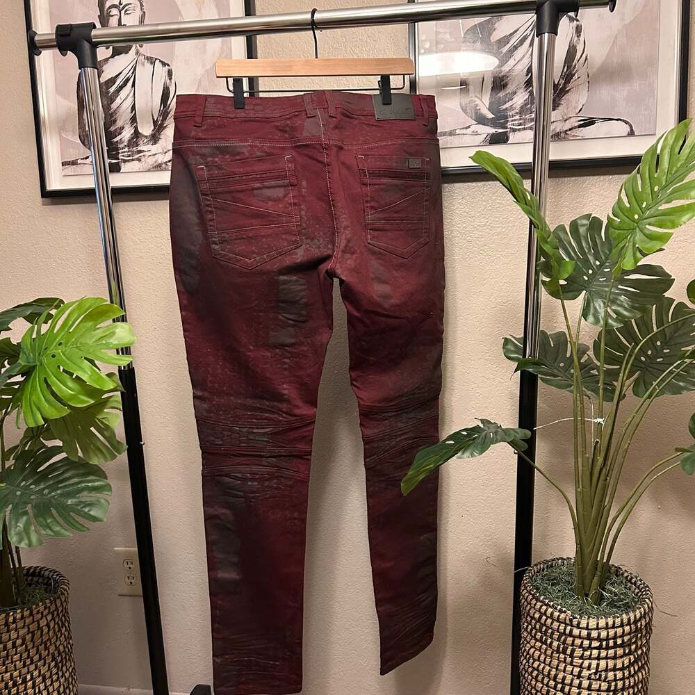 A. Tiziano Men's Size 38 Burgundy Moto Biker Jeans j3 - Picture 3 of 6